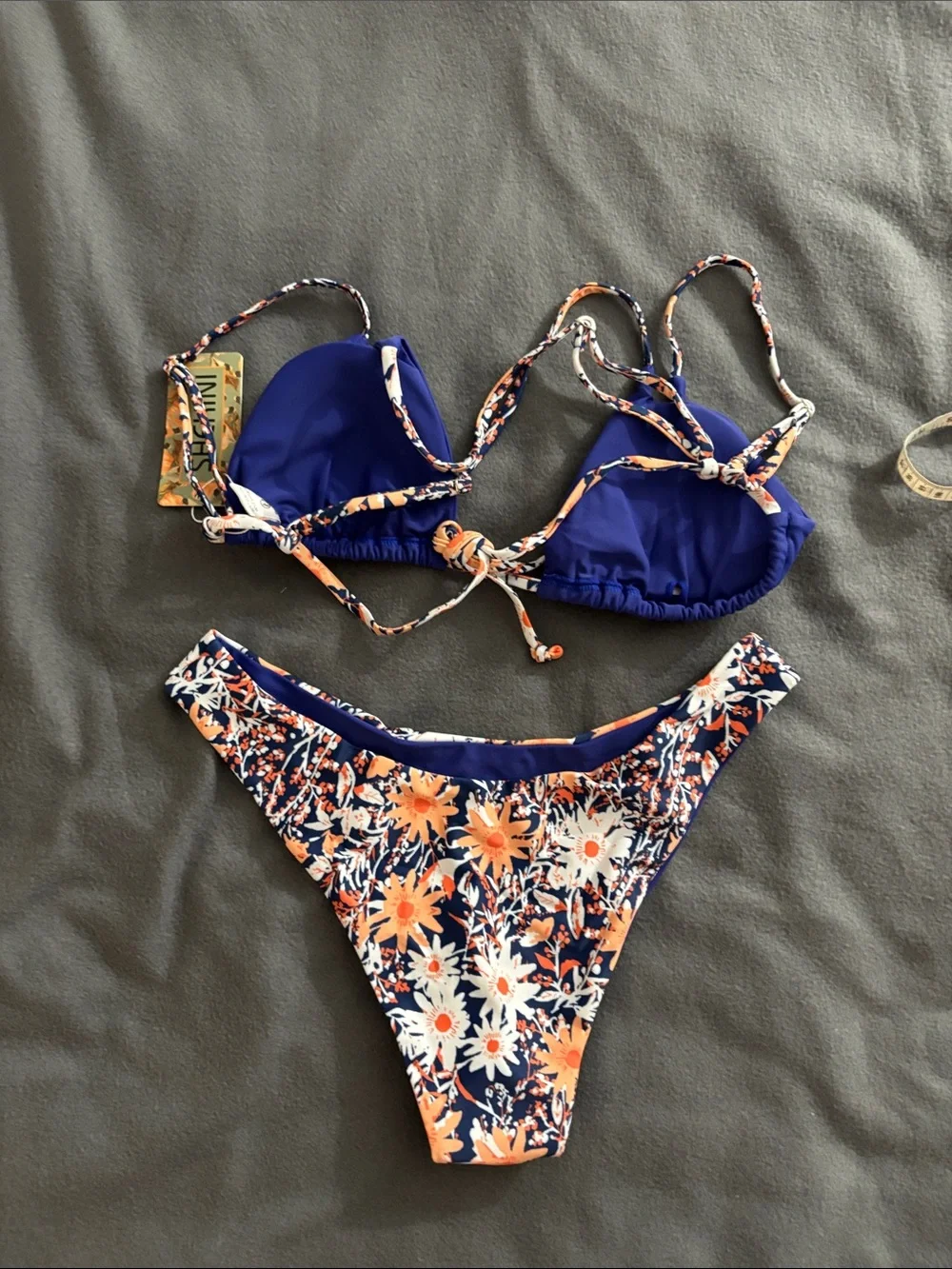 SHEKINI Reversible Blue Floral Triangle Bikini Set Size Medium NWT